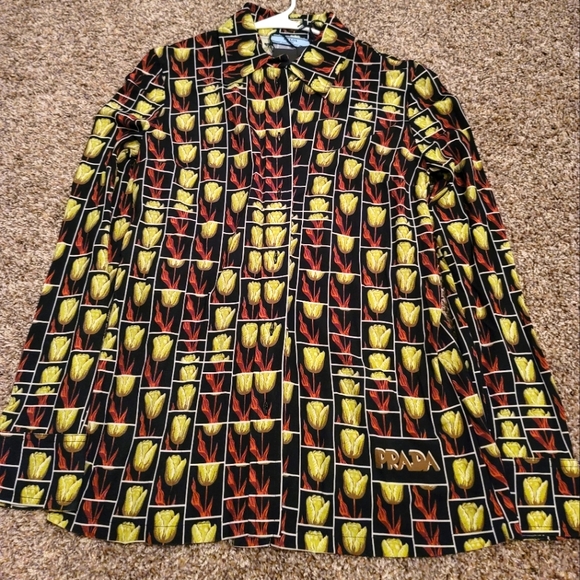Prada Black Yellow Tulip Floral Logo Print Long Sleeved Shirt